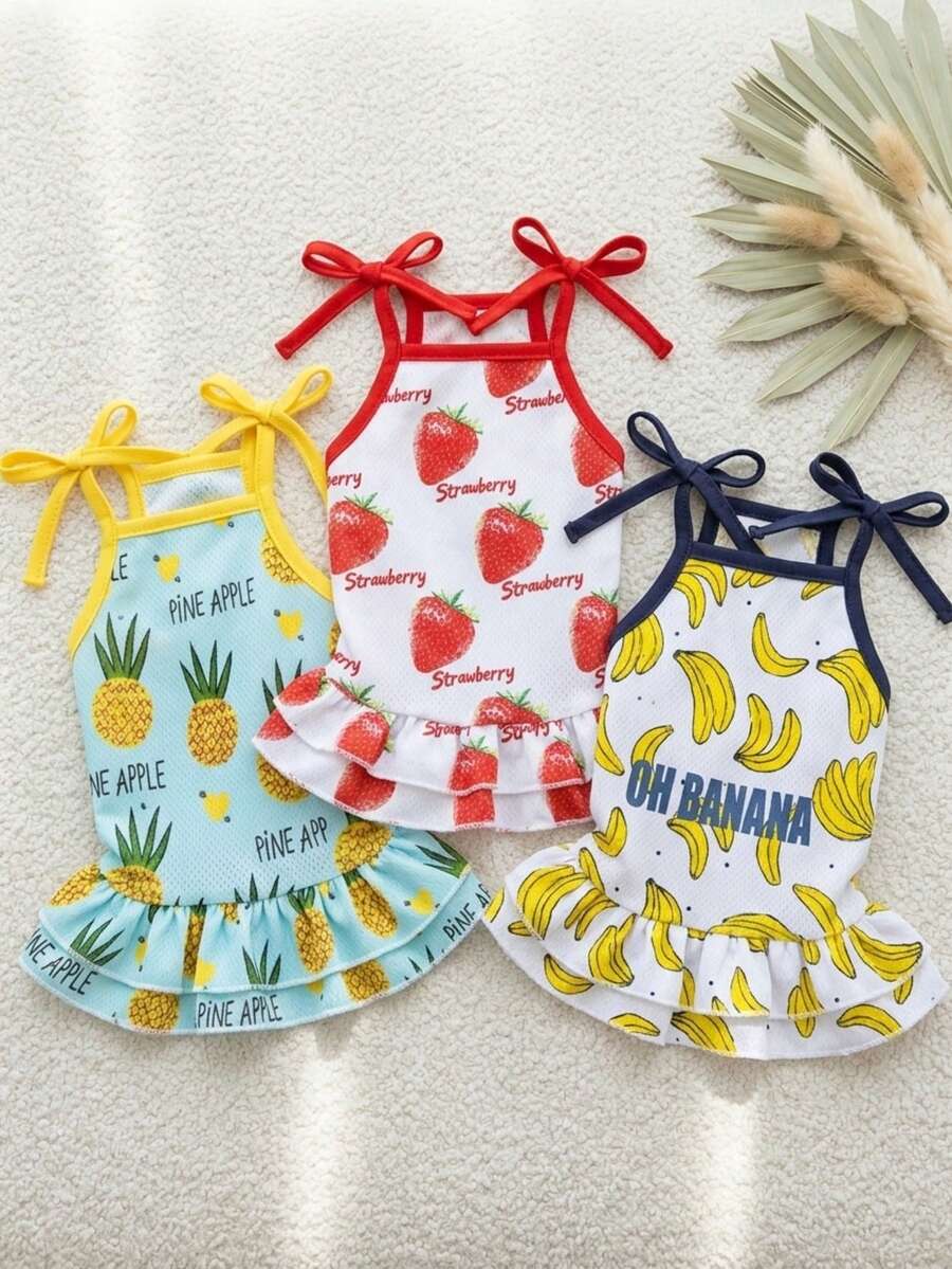 PETSIN 水果印花宠物服装,草莓香蕉菠萝图案小狗连衣裙,可爱卡通宠物服装,柔软舒适中小型猫狗透气套装,可爱日常宠物背心裙 - 彩色 - 查看 1
