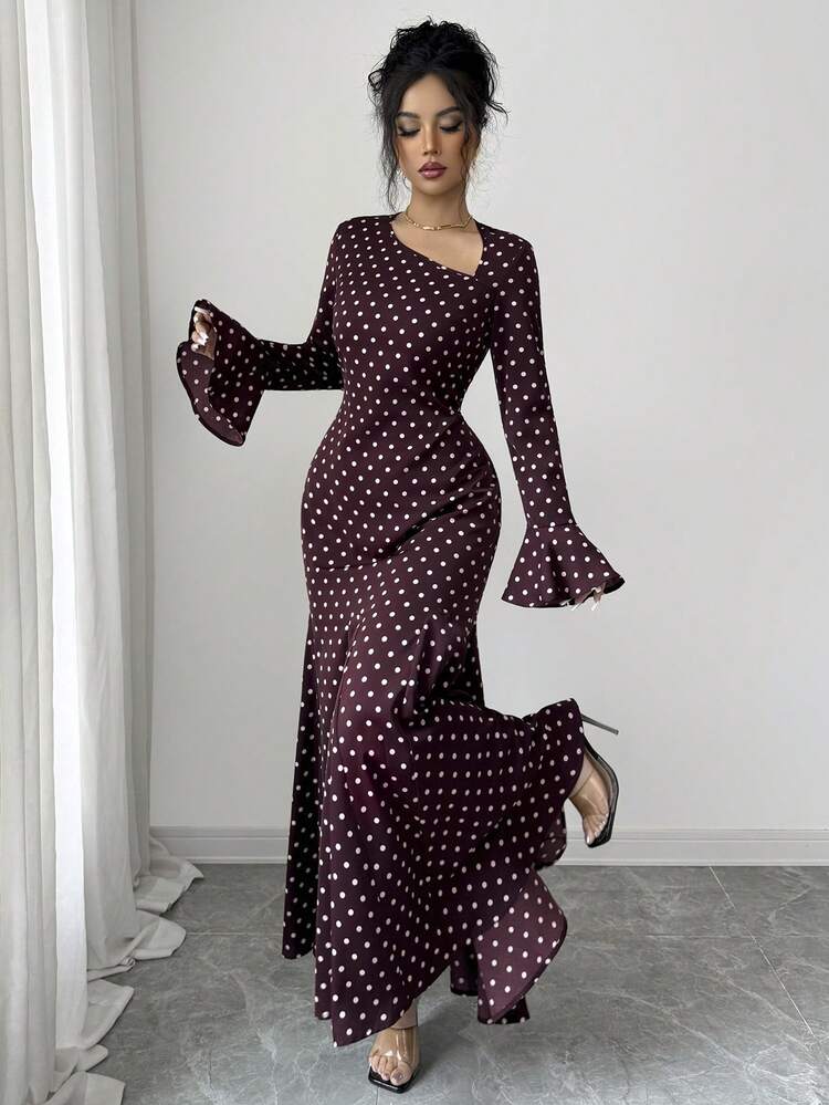 Franclia 女士优雅不对称领口波点印花长袖荷叶边袖口修身连衣裙，法式风格，端庄优雅，中东风情，四季皆宜，夏季亦可穿着，棕色休闲连衣裙，可爱连衣裙 - 棕色 - 查看 6