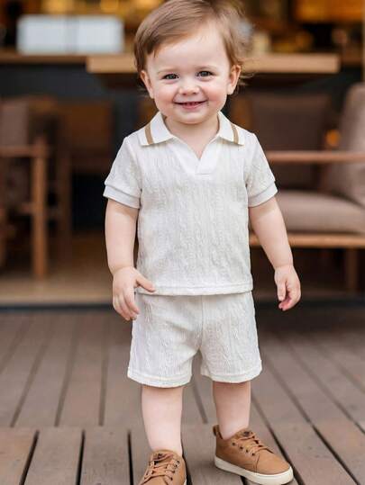SHEIN Vintaside Kids Baby Boy/Girl/Unisex Infant Toddler 0-3 Years Summer White Patterned Set, Lapel Short Sleeve Top With Matching Shorts, Minimalist Style, No Pattern, Loose Fit, Suitable For Outings, Leisure, And Light Sports, Baby Summer Clothing, Baby Outing Clothing