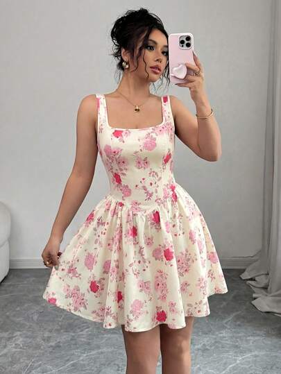 Elenzga Đầm hoa thanh lịch, lãng mạn, không tay, cổ vuông, eo xếp ly, in họa tiết hoa dành cho nữ.