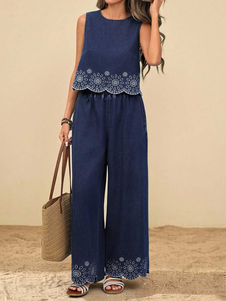 SHEIN TRVLCHIC Women's Fashion Embroidered Denim Vest Top - Dark Wash - View 1