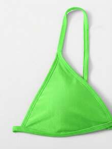 SHEIN Swim 纯色细肩带露背比基尼泳装 - 橄欖綠 - 查看 4