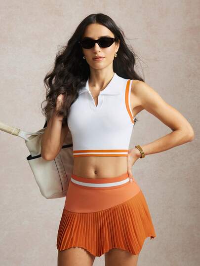 Activina Women's Sleeveless Contrast Color Half-Zip Fitted Tennis Shirt, Summer
