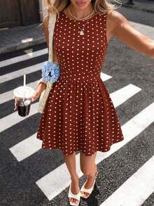 Olithes Đầm ngắn nữ màu cà phê chấm bi, hở lưng, thắt nơ, không tay, cổ tròn, thích hợp mặc hàng ngày, đi nghỉ mát, dự tiệc, đi học. - Nhiều màu - Xem 1