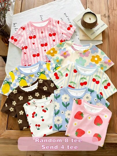SHEIN [Chọn ngẫu nhiên 8 áo thun, gửi 4 áo thun] Hệ màu Dopamine đáng yêu, sọc tương phản màu chanh anh đào, họa tiết nơ, 4 áo thun dáng rộng vai rớt thoải mái cho bé gái, phù hợp cho mùa xuân/hè, trang phục mùa hè dễ thương, đồ dã ngoại mùa hè, phong cách Hàn Quốc, thoải mái dễ chịu, trẻ em sành điệu, Y2K, Kawaii, dự tiệc, hàng ngày, kỳ nghỉ, dễ thương, thoải mái, mùa hè 2026, Cottagecore, thường ngày cuối tuần, dã ngoại gia đình, trang phục chụp ảnh, thư giãn, áo thun in hình cho bé và trẻ em.