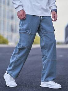 Manfinity Homme Plus Size Men's Drawstring Waist Cargo Pocket Loose Casual Jeans - Light Wash - View 6