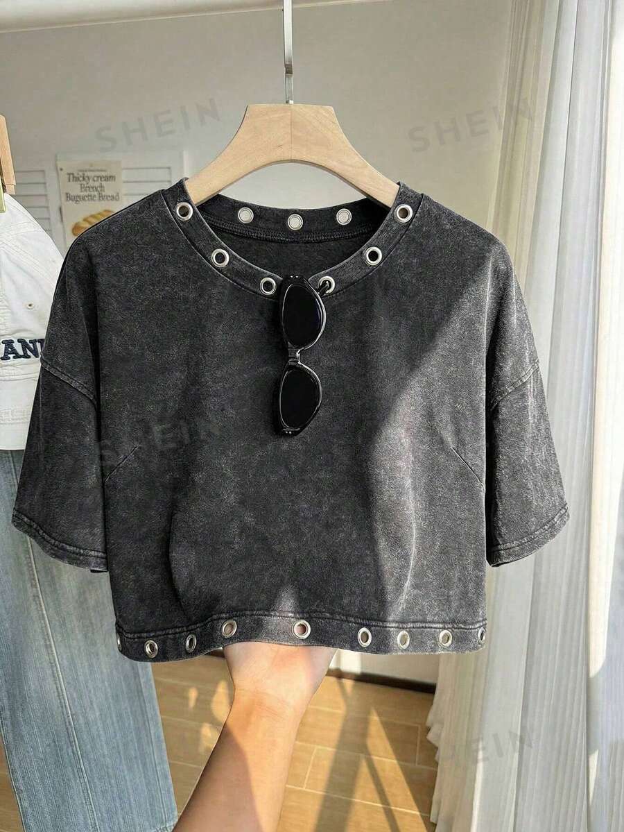 Comfortcana Camiseta de manga corta de algodón lavado con estampado de copos de nieve, talla grande, primavera - Negro - Ver 1