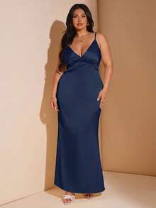SHEIN BAE Maxikleid aus Satin mit V-Ausschnitt und rückenfreiem Design für Damen in Große Größen, Gelb, geeignet für Urlaub, Musikfestivals, Geburtstage, Brunch, Hochzeitsgäste, elegante Partykleider für Frauen, Herbstmode für Frauen, Schulkleidung, Y2K-Mode, Landoutfits für Frauen, Vintage-Kleidung für Frauen, Festivaloutfits für Frauen, Hochzeitsgastkleid für Kurven, Sommeroutfits für Frauen, Abendkleider für Frauen, Geburtstagsoutfits für Frauen, Satin-Kleid in Buttergelb für Große Größen, Satin-Abendkleid für Große Größen, langes Satin-Kleid - marineblau - Übersicht 1