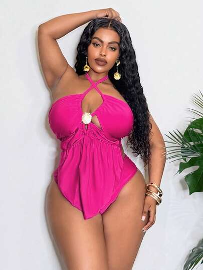 Slaydiva 2026 Spring New Plus Size Women's Magenta Hollow Cross Backless Tankini Swimsuit Two Pieces Set