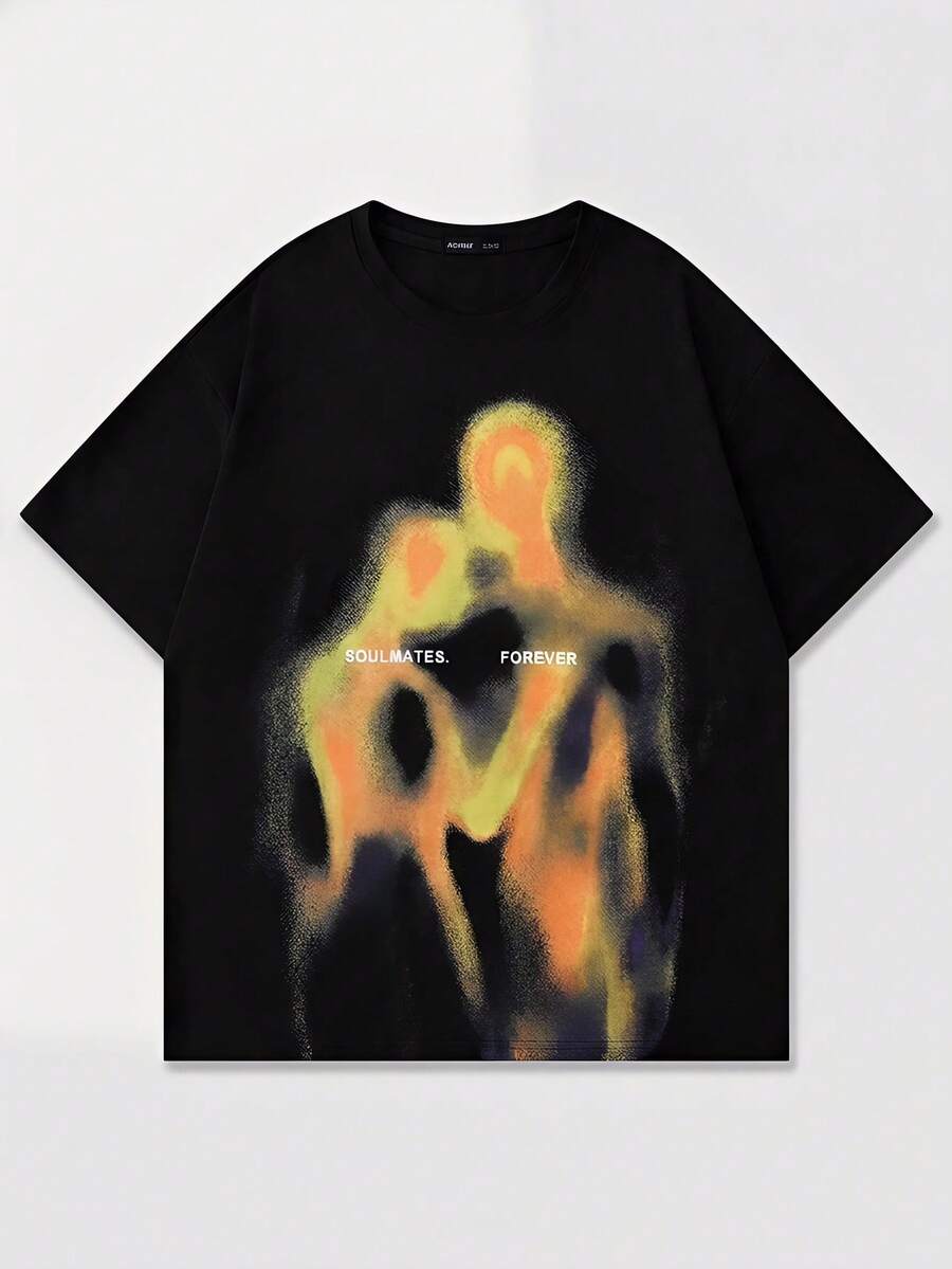 ROMWE MEN Street Life Men's Vintage Street Silhouette Thermal Imaging Figure Print Short Sleeve T-Shirt,  Spring/Summer - Black - View 1