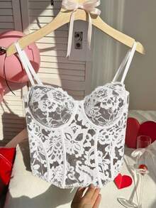 Comfortcana Plus Size Sexy Lace Sheer Camisole Top, Suitable For Party And Valentine's Day Wear, Spring/Summer - White - View 6