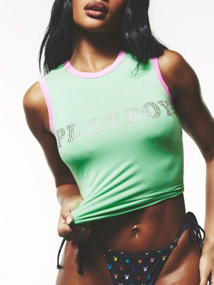 Missguided x Playboy Diamante Logo Embellished Green Tank Top With Pink Contrast Trim And Round Neckline