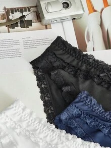 SHEIN 女士纯色撞色蕾丝蝴蝶结装饰内裤 - 彩色 - 查看 3