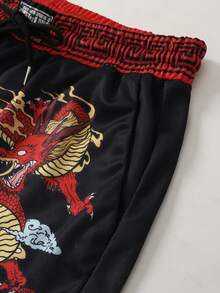 ROMWE MEN Men's Printed Basketball Shorts, Casual Activewear For Spring & Summer - Black - View 4