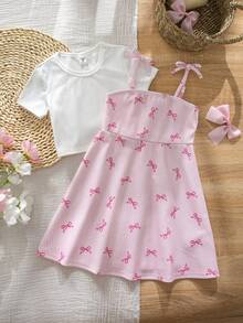 SHEIN 2件套女童纯色针织圆领T恤和条纹蝴蝶结装饰吊带裙 - 彩色 - 查看 5