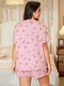 CottageSlumber Plus Size Women Small Ditsy Floral Ruffle Hem Short Sleeve Shorts Pajama Set - Pink - View 3