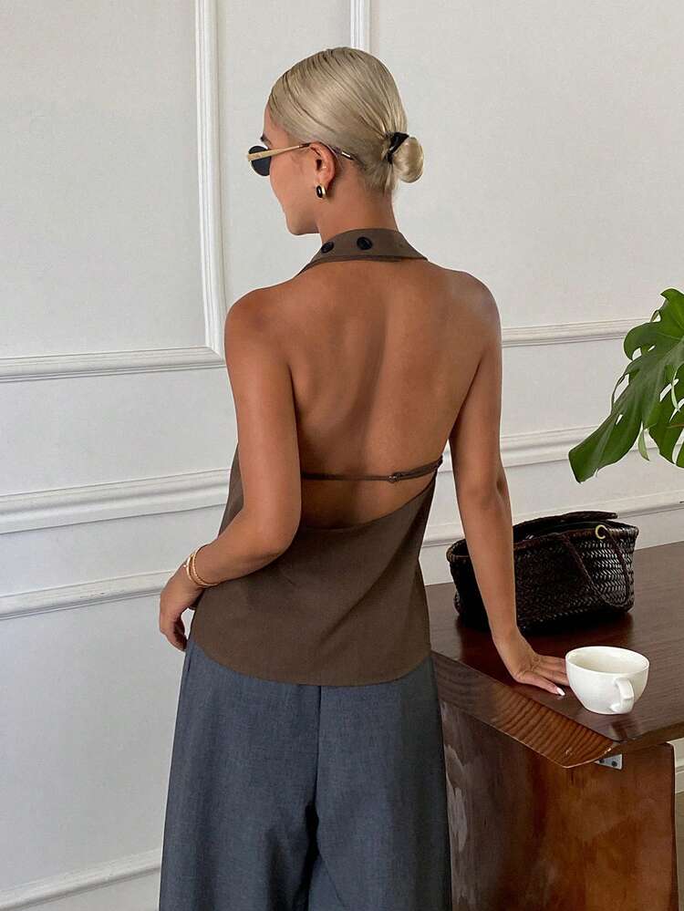 Women's Solid Color Halter Backless Casual Vacation Summer Tank Top Vest