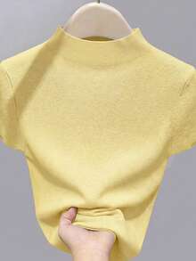 Resyla Sweater Wanita Kasual Polos Minimalis Lengan Pendek - Kuning - View 2