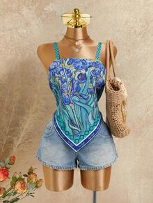 SHEIN Touch of Art Touch Of Art 女士花卉印花不对称下摆吊带背心 - 綠色 - 查看 1