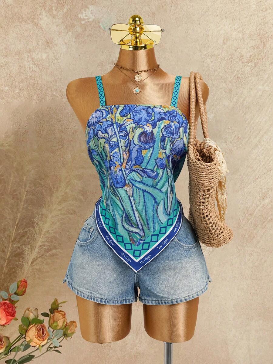 SHEIN Touch of Art Touch Of Art 女士花卉印花不对称下摆吊带背心 - 綠色 - 查看 1