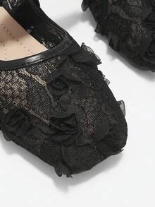 蝴蝶结方头女士平底鞋，时尚镂空透气蕾丝网面平底鞋，温柔优雅的玛丽珍芭蕾舞鞋 - 黑色 - 查看 9