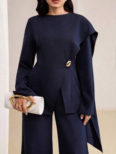 Veilorie Plus Size Women 2 Pieces Set, Elegant Solid Color Top & Pants