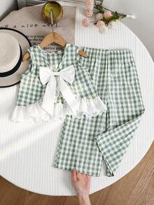 Emery Rose Kids Emery Rose Kids Conjunto de chaleco y pantalones casuales de cuello redondo con estampado de cuadros para niña - Verde - Ver 3