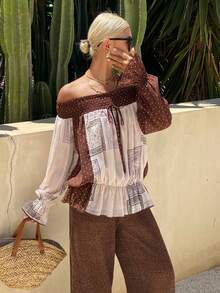Livesso Women's Polka Dot Print Off-Shoulder Contrast Color Casual Long Sleeve Shirt Boho Vacation Outfits Women - Coffee Brown - View 5