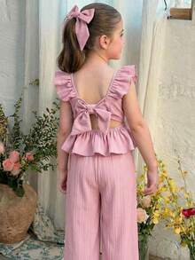 LMoss Kids 红色短袖上衣和短裤套装，适合幼儿在春、夏、秋季穿着，后背饰有蝴蝶结设计。 - 淺粉色 - 查看 1