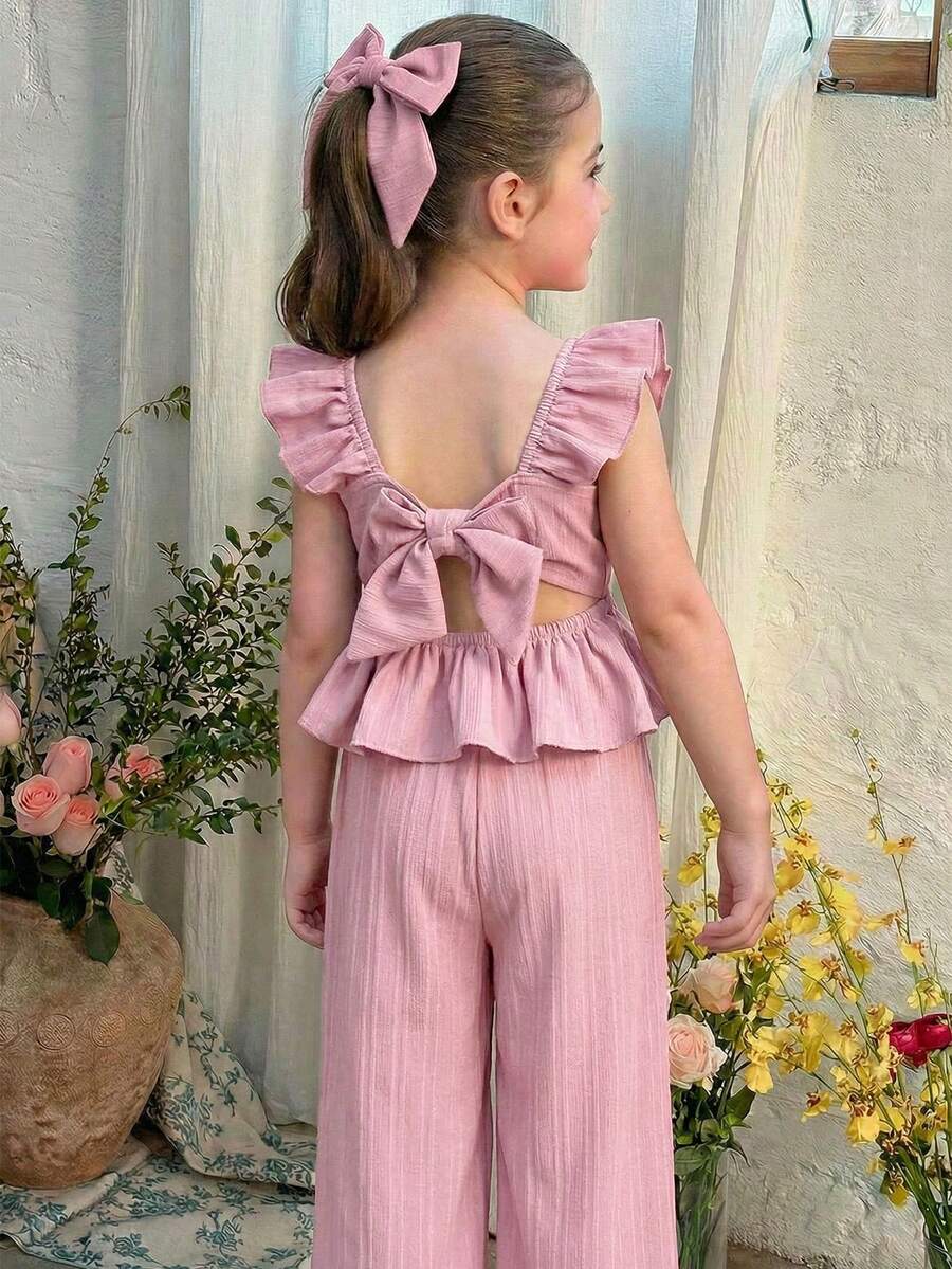 LMoss Kids 红色短袖上衣和短裤套装，适合幼儿在春、夏、秋季穿着，后背饰有蝴蝶结设计。 - 淺粉色 - 查看 1