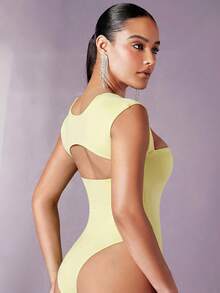 Silquee Body moulant sexy à col carré et dos nu pour femmes, couleur unie - Jaune clair - Voir 3