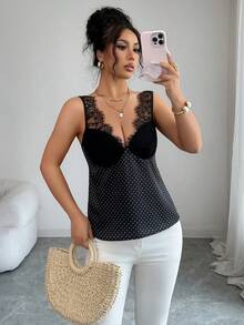 Rafferiza Women's Elegant Sexy Vintage Black And White Polka Dot Polka Dot Lace Collar Sleeveless Top, Sweet Style For Dates Night Out Summer - Black - View 6