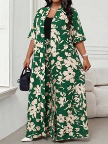 SHEIN Lady 大码女式印花长款开衫和裤子两件套休闲套装 - 綠色 - 查看 3
