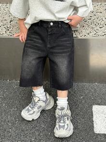 SHEIN Quần jeans ống rộng lửng dáng suông, thời trang thường ngày, phong cách đường phố, dành cho bé trai, mùa hè. - màu đen - Xem 5