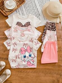 SHEIN 6pcs/Set Baby Girls Toddler Newborn 0-3Y Spring Summer New Cute Bunny Solid & Striped T-Shirt Shorts Outfit Set - Multicolor - View 9