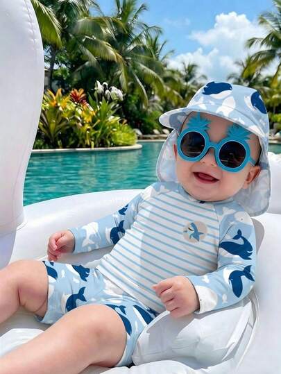 Nuevo traje de baño de moda para niños pequeños, conjunto de dos piezas con shorts y manga larga
