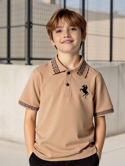 SHEIN Vacaura Tween Boys Plaid Print Patchwork Collar 1/4 Zip POLO Shirt, Suitable For Casual & Commute Wear