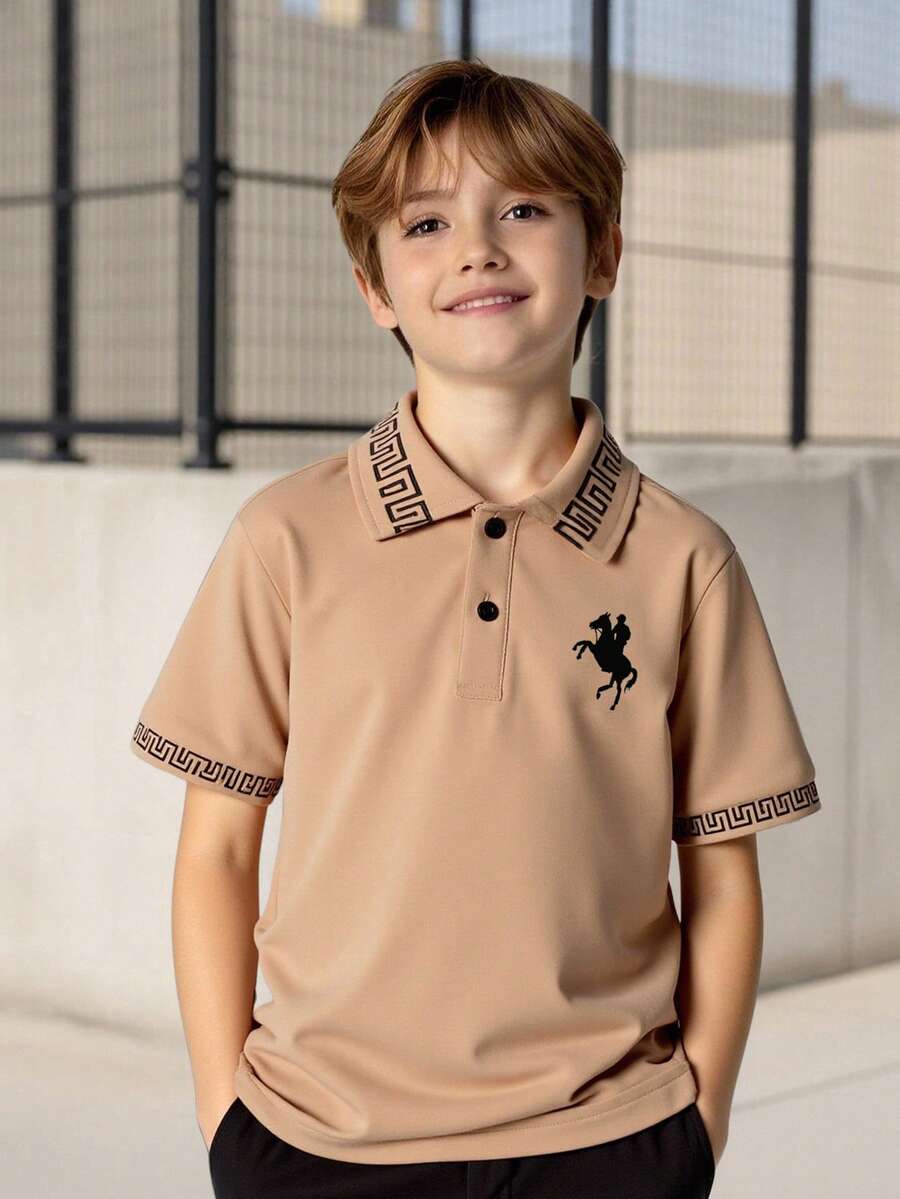 SHEIN Vacaura 男童格子印花拼接领1/4拉链POLO衫,适合休闲和通勤穿着 - 卡其色 - 查看 1