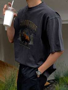 DAZY 男士夏季字母印花圆领短袖休闲T恤，图案T恤 - 灰色 - 查看 6