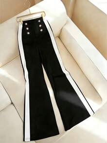 EMERY ROSE New Arrival Bestselling Office Wear Flared Button Leg Pants, Daily Fashion Slimming Wide Leg Trousers For Women - Black and White - View 6