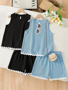 SHEIN Tween Girl Wavy Ribbon Patchwork Round Neck Tank Top And Shorts Casual Set - Multicolor - View 6