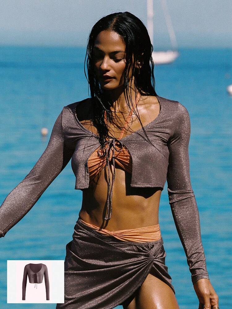 Chlorine-Resistant Glossy Getaway Sun-Protective Metallic Cardigan Swimming Beach Pool Holiday Vacation Summer Wear