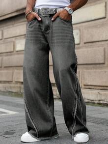 Manfinity EMRG Men's Street Style Frayed Patchwork Wide Leg Pants - Grey - View 4