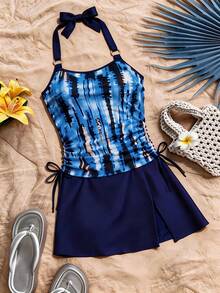 Swim Lushoire Bộ đồ bơi Tankini nữ mới về, gợi cảm và thanh lịch, thích hợp cho kỳ nghỉ hè ở bãi biển, gồm áo in họa tiết hình học màu xanh dương và quần màu xanh navy trơn. - Nhiều màu - Xem 6