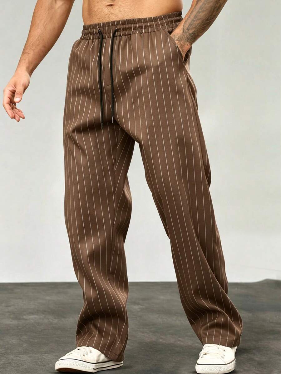 Manfinity Homme Men's Casual Striped Pants, Fashion Trousers - Coffee Brown - View 1