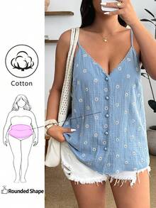 Enliva Áo camisole nữ cỡ lớn thêu hoa cúc nhăn, kiểu dáng giản dị, dễ thương, thích hợp mặc mùa hè, phong cách đồng quê, áo mùa xuân/hè cho nữ. - Màu xanh lam - Xem 2