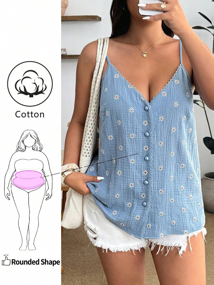 Enliva Áo camisole nữ cỡ lớn thêu hoa cúc nhăn, kiểu dáng giản dị, dễ thương, thích hợp mặc mùa hè, phong cách đồng quê, áo mùa xuân/hè cho nữ.