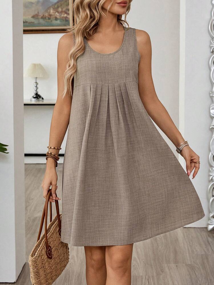 Women's Simple Solid Color Round Neck Pleated Sleeveless Short Dress, Summer Summer Dresses For Women Summer Outfits For Women Casual Dresses For Women Casual Women's Dresses Country Dress