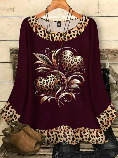 EMERY ROSE Women's Casual Heart & Leopard Print Round Neck Plus Size Shirt, Suitable For Autumn, Winter & Spring