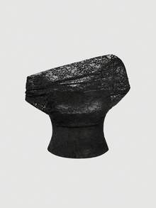SHEIN PETITE CURVE 大码女式黑色蕾丝荷叶边修身透视上衣，三合一百搭上衣，适合音乐会、节日、海滩、日常穿着、波西米亚风、Y2K风、外出、西部风、露背装、新年装、派对上衣、沙滩装、街头风、乡村风、复古风、春夏装。 - 黑色 - 查看 6